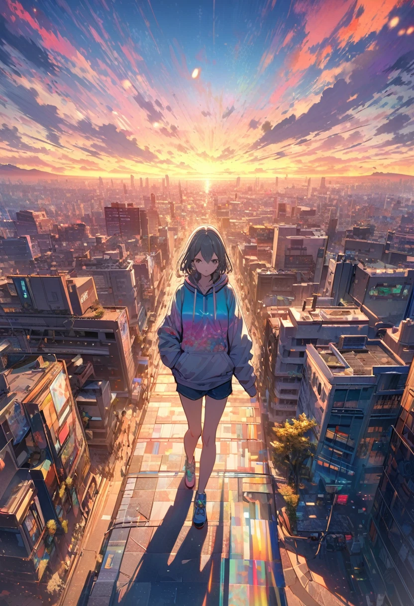 Create exquisite illustrations reminiscent of Makoto Shinkai's style, It has ultra-fine details and top-notch quality. angelic, detailed woman who is walking, woman wearing hoodie, highest billding in city, road, sunrise, horizon, skyline, in the sky, city of clouds, colorful, high-res, 8K
