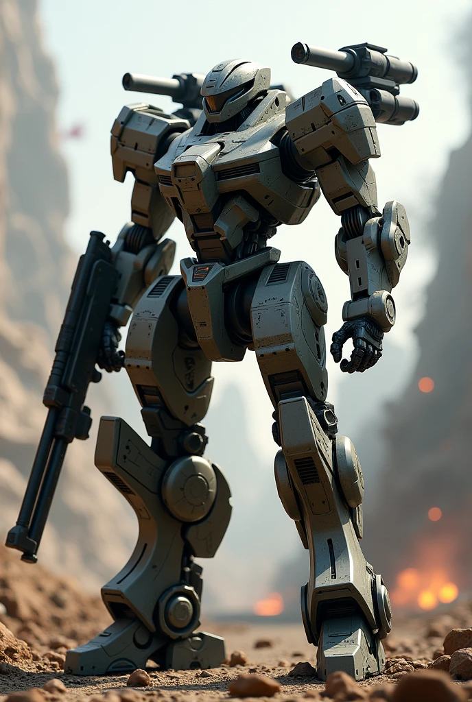 (Highest quality),  Detailed Background,sf、Future Weapons、 Placed on the left and right shoulders and back(100mm twin long-range gun ＋Large magazine)、Armed Mecha、、Armored warrior idea、(On all fours):1.2、In combat、Artillery fire、