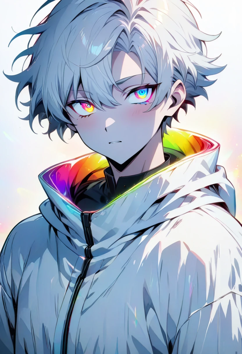 [(WHITE BACKGROUND:1.5)], ((masterpiece)), high quality, ((solo)), ((1 younger boy)), (white color short hair), (rainbow color eye), bright skin, white parka, upper body, ((anime style)),