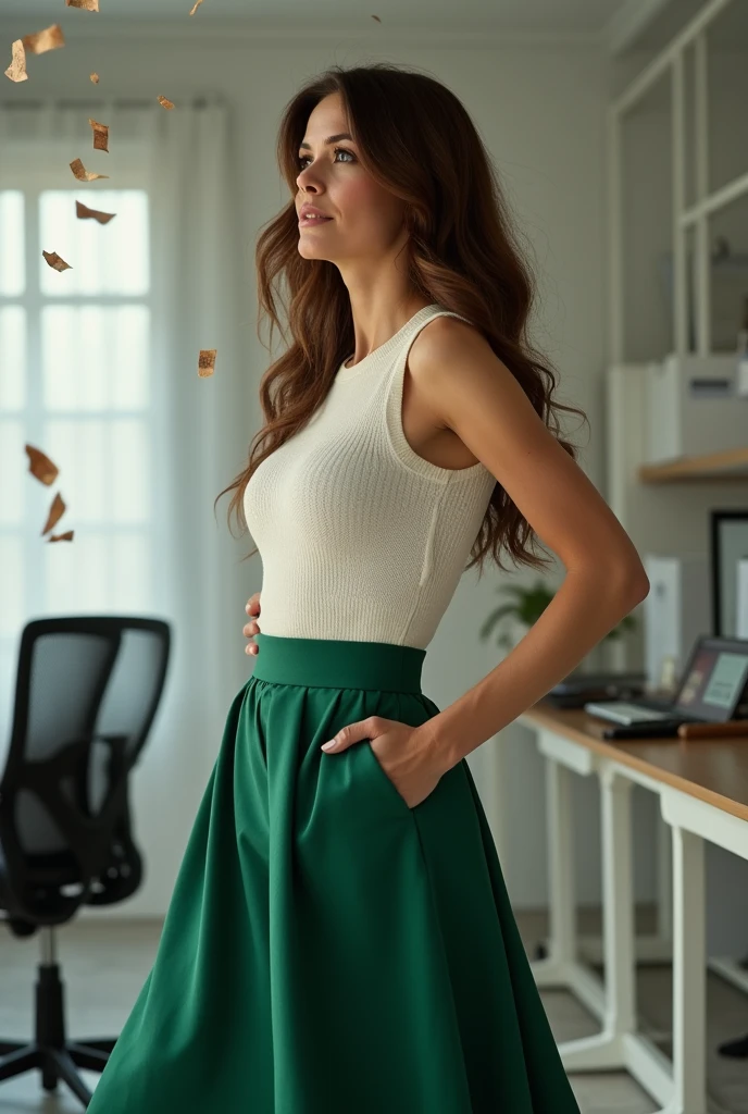 Highest quality, flying debris, Beautiful mature woman、Beautiful Face、Strong-willed woman、office lady、(Brown Hair、Brown eyes)、Long Hair、Magazine Style,Full Body Shot、Female office lady、break(White sleeveless knit、,Emerald green maxi long skirt:1.2)、(Black high heels:1.2)、break((Sitting posture、profile))、((Small breasts))