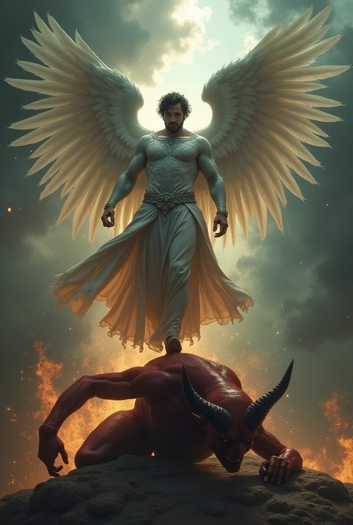 The angel Miguel stomping on the devils head