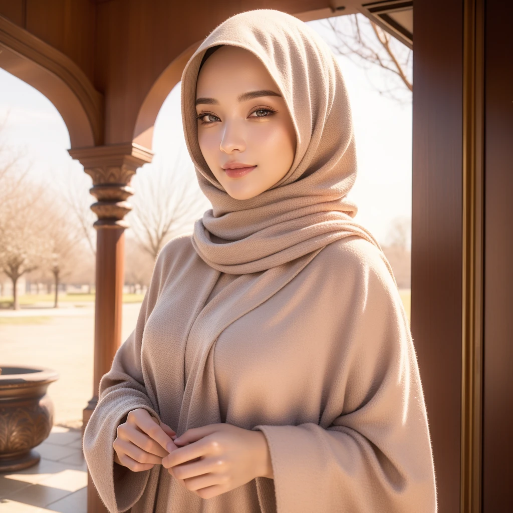 beautiful young woman, 1girl, majestic hijab outfit, detailed face, alluring eyes, full lips, outdoor setting, selfie, soft lighting, warm colors, best quality, 4k, 8k, highres, masterpiece, ultra-detailed, realistic, photorealistic, photo-realistic, cinematic, beautiful detailed eyes, beautiful detailed lips, extremely detailed face and eyes, long eyelashes, intricate clothing textures, elegant posing, warm smile, romantic atmosphere