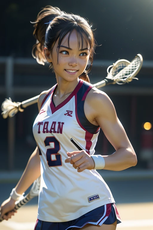 (8k, RAW photo, best quality, masterpiece), (photorealistic), outstanding details, ultra-high resolution, anatomically correct, textured skin, (Extremely precise and accurate anatomy),
Ultra Detailed Face, Detailed Eyes, 

(Cute Japanese girl), 
Lacrosse player, tanned skin, smiling face, holding Lacrosse stick, Running, Ponytail, Field lacrosse, 
Medium Breast, 

(backlighting), 
reflection light, 
atmospheric perspective, depth of field, 
(dramatic lighting), cinematic lighting, 