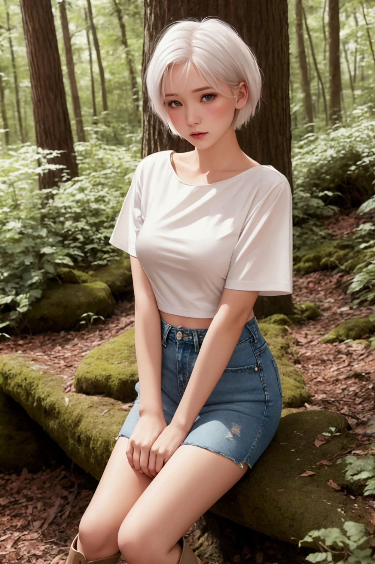 women, short white hair, blush, shame, white top, denim skirt, with boots, In a forest, modeling