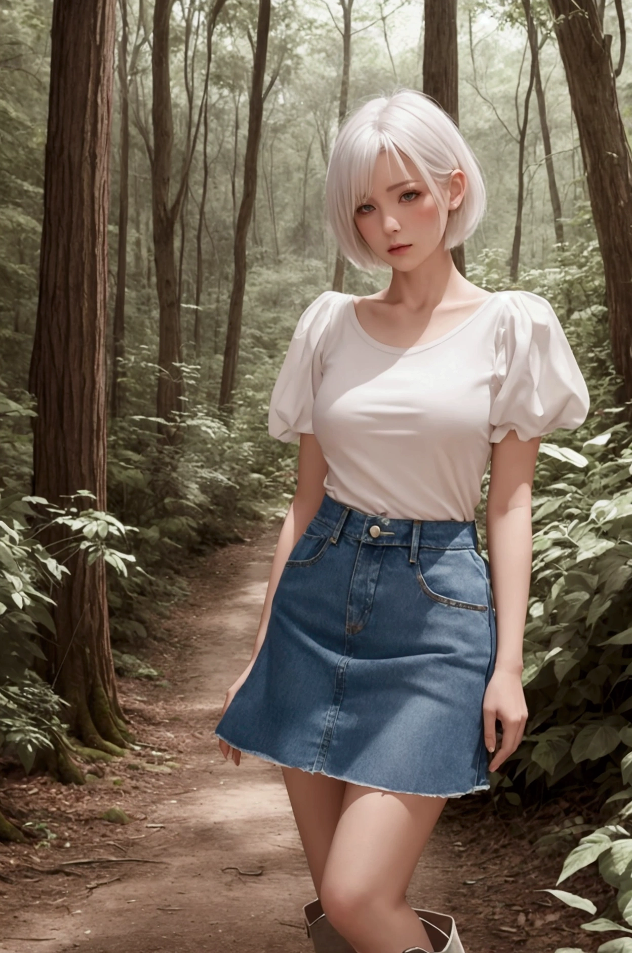 women, short white hair, blush, shame, white top, denim skirt, with boots, In a forest, modeling