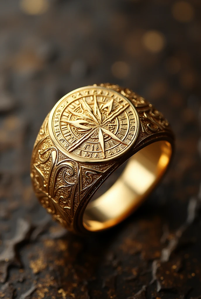 Generate a detailed image of a signet ring with the name 'STEPHANO' engraved in a mathematical style. The engraving should resemble elegant geometric patterns, curves, and symbols reminiscent of mathematical formulas, with an intricate, symmetrical design. The ring should have a luxurious gold finish, with subtle textures and patterns reflecting the mathematical theme. The overall appearance should be sophisticated and timeless, with the name 'STEPHANO' integrated seamlessly into the design