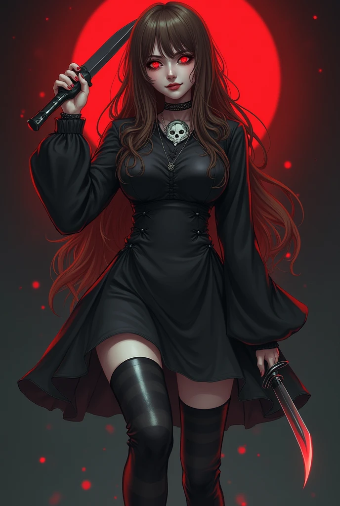 ((best quality: 0.8)), ((masterpiece)), (detailed), 1girl, Beautiful face, long, brown, wavy hair, short black dress with long sleeves, black and gray striped socks, black boots, vibrant red eyes, fair skin, skull tattoo, beautiful smile.knife in hand,(glowing eyes:1.4), horror, creeppypastas