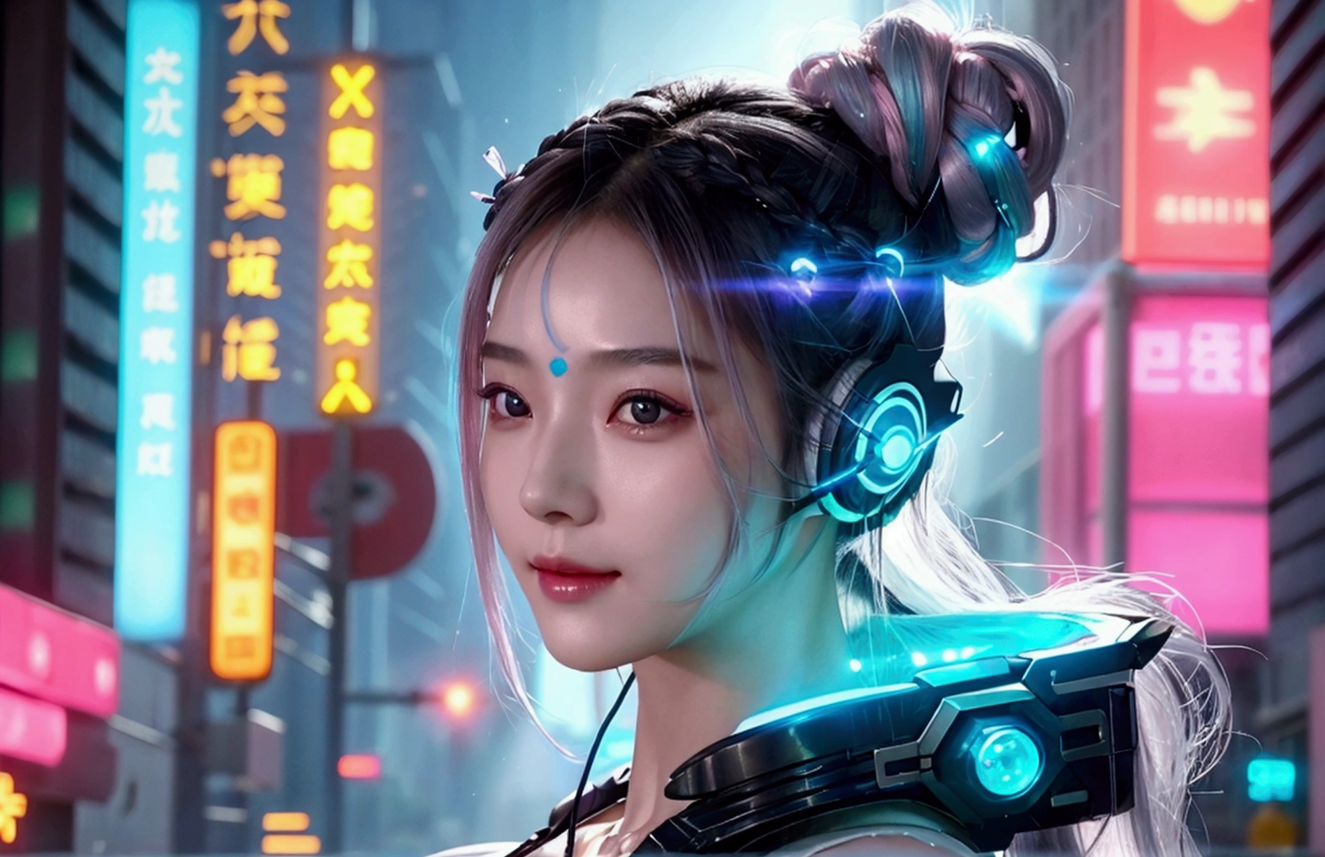 1 woman, Chinese,naked body,Big breasts,Slick,Seeing the abdomen,cyberpunk city, dynamic gesture, Glowing headphones, glowing hair accessories, long hair, glow earrings, Fluorescent necklace, cyberpunk, เมืองที่มีtechnologyสูง, full of mechanical and of the future elements, of the future, technology, glowing neon, pink, Light blue, Clear tool, Transparent beam, laser, City Sky Digital Background, Big Moon, with vehicles, best quality, Masterpiece, 8ก, Edge of character light, Extremely high detail, High quality, The most beautiful woman in humanity, smile a little, The face faces left and right symmetrically., Ear decoration, Beautiful iris light effect, Image data, I have silver-white hair, Hair is not messy, long hair,Two high bun braids hairstyle, Luminous electronic clock, deep eyes, be happy, English Doodle Writing