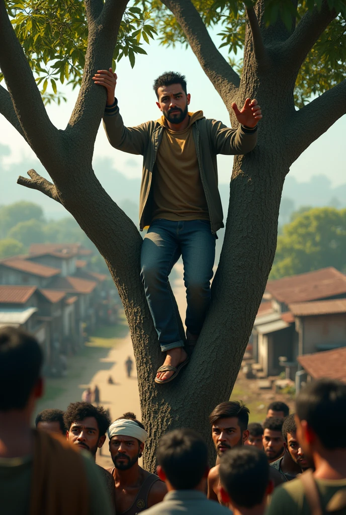 Need 3d style A man climbing a tree, looking worried and frightened, with the surrounding villagers looking on anxiously.
