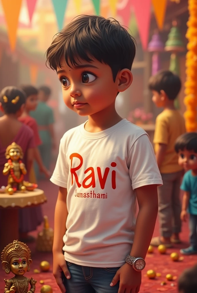 Janmashtami  with a boy in white t shirt colour name ravi on t shirt  with krishna brass murti 