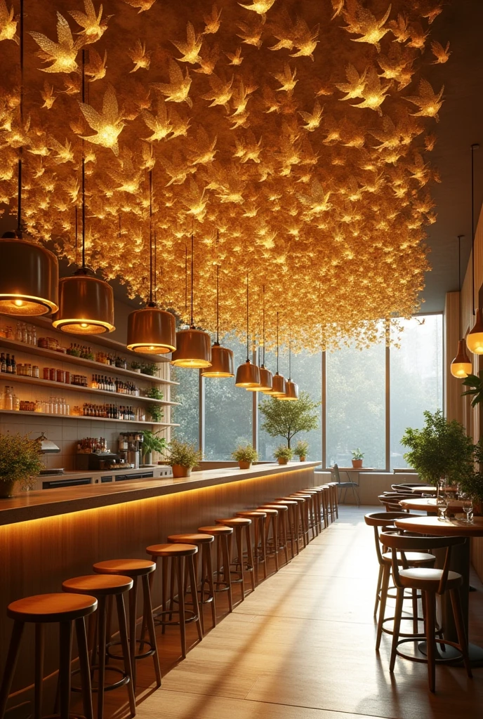 Creative Interior design of a cafe with the concept of murmuration and a lots of gloden bird hanging in ceilings