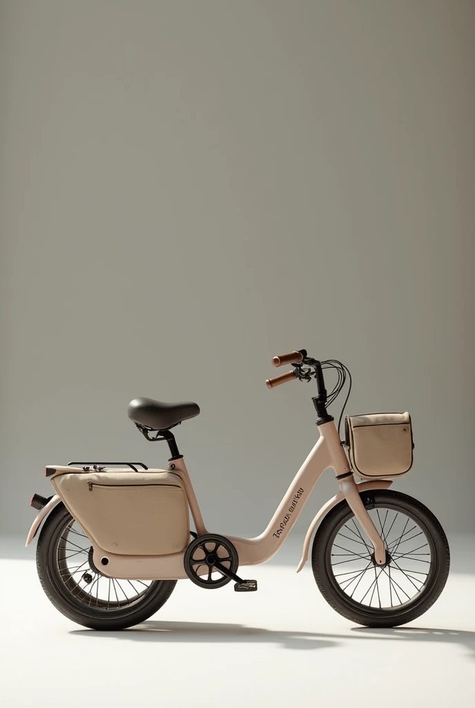 A three-wheeled tricycle based on the Scandinavian aesthetic trend using curved and organic figures , neutral colors, that includes a bag to store things , that is light and thin ,  the seat with backrest and pedals 
