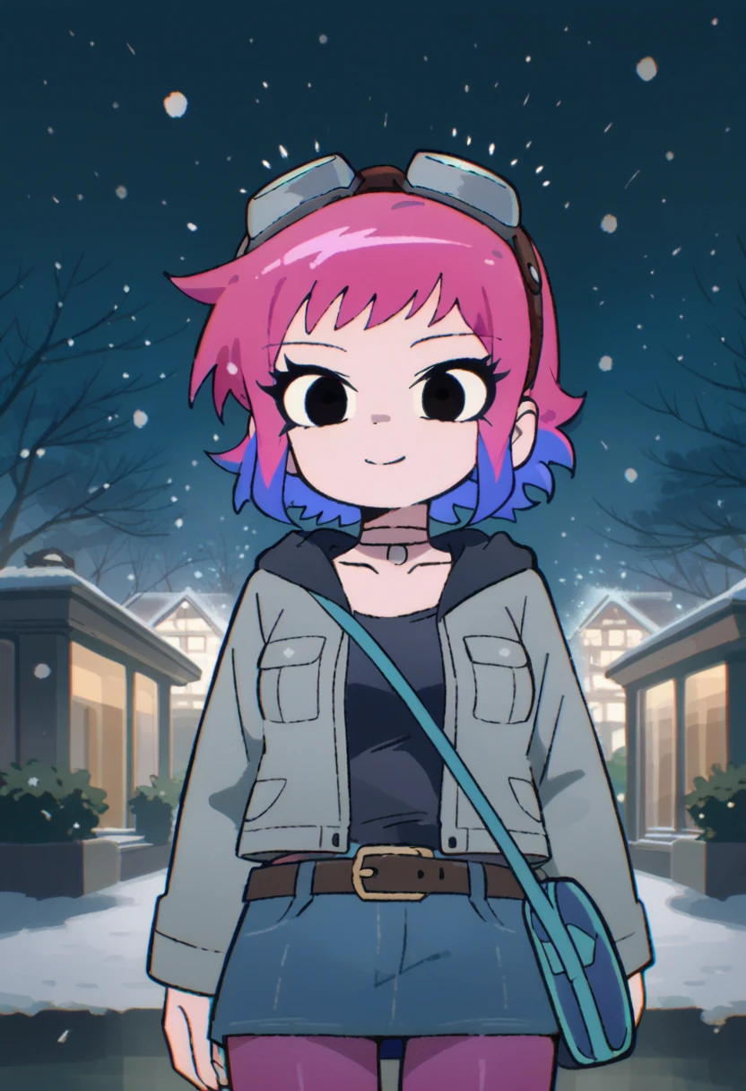 1girl (masterpiece) at the park, snowing, at night, perfect face, Ramona_Flowers, short hair, black eyes, medium breasts, goggles on head, hoodie, grey jacket, long sleeves, shoulder bag, belt, denim skirt, purple pantyhose, (pink hair, blue dip dyed hair) black choker necklace, soft smile