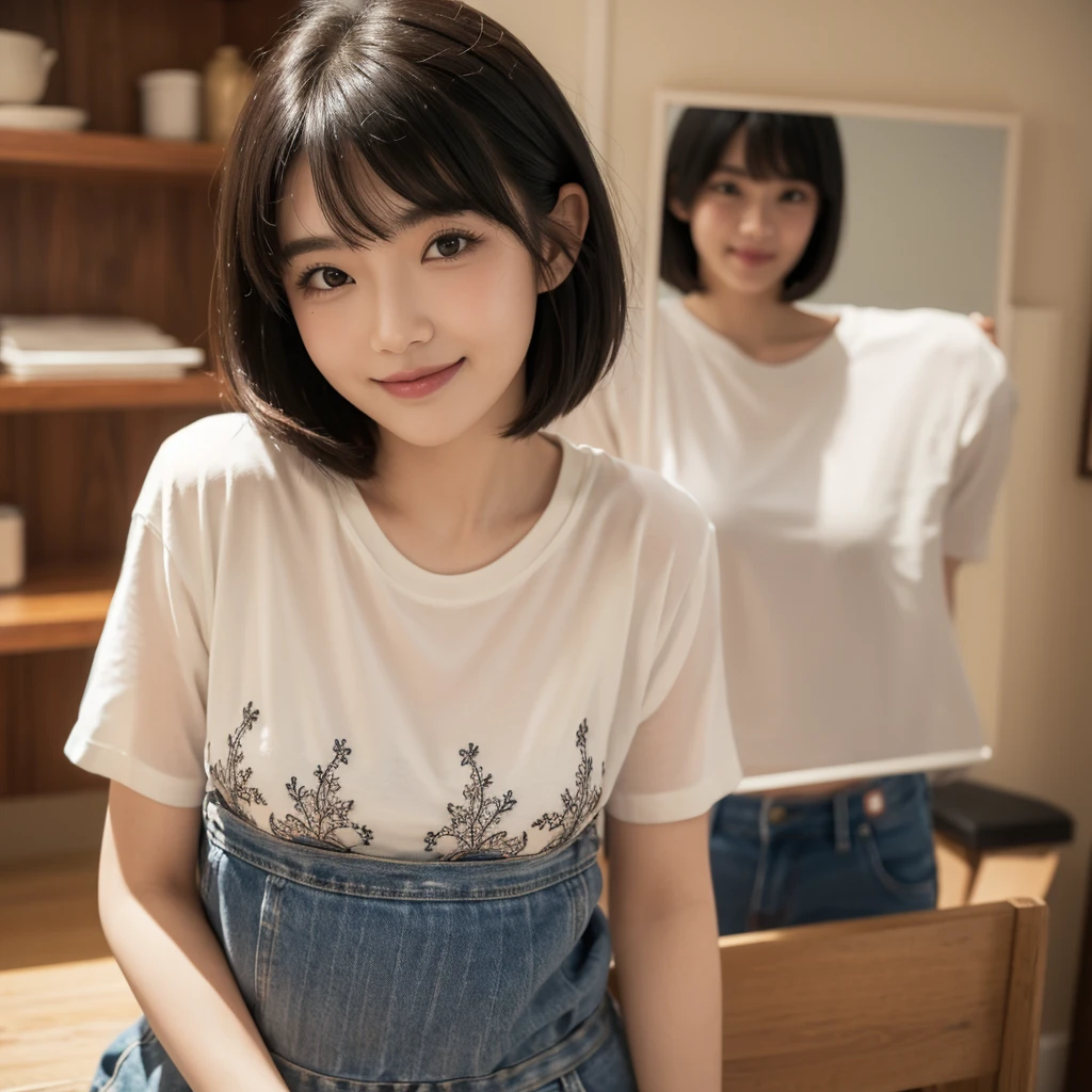 (Highest quality, masterpiece), One person, Intricate details, beautiful細部までこだわった顔, T-Shirts, View your viewers, shopping, blush, Open your mouth, Black Hair, short hair, Blunt bangs, Happy, Are standing, Cowboy Shot,solo, High resolution, smile,beautiful,cute,Dimples,High resolution,