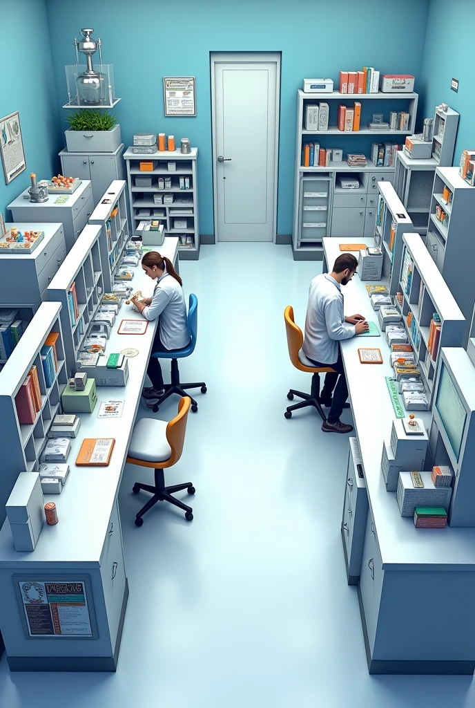 Layout of a compounding pharmacy which has two doors at the back of it. One of them is the production sector/ manipulation and the other door is the administrative sector