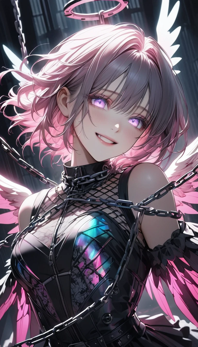 Gothic angel, Imprisoned by metal chains, Black and pink are the iconic colors, next, transparent, holographic, Glowing wings growing from the back, Attractive chest center, Whisper to the audience, A bright smile, Make you fascinated, Strong, Fleeting, Sad eyes, Dynamic lens, Longing for the aesthetics of sadness...