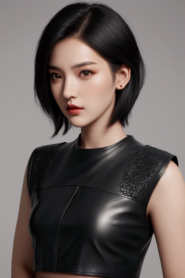 1girl wearing a black leather top with a black wolfcut hair portrait