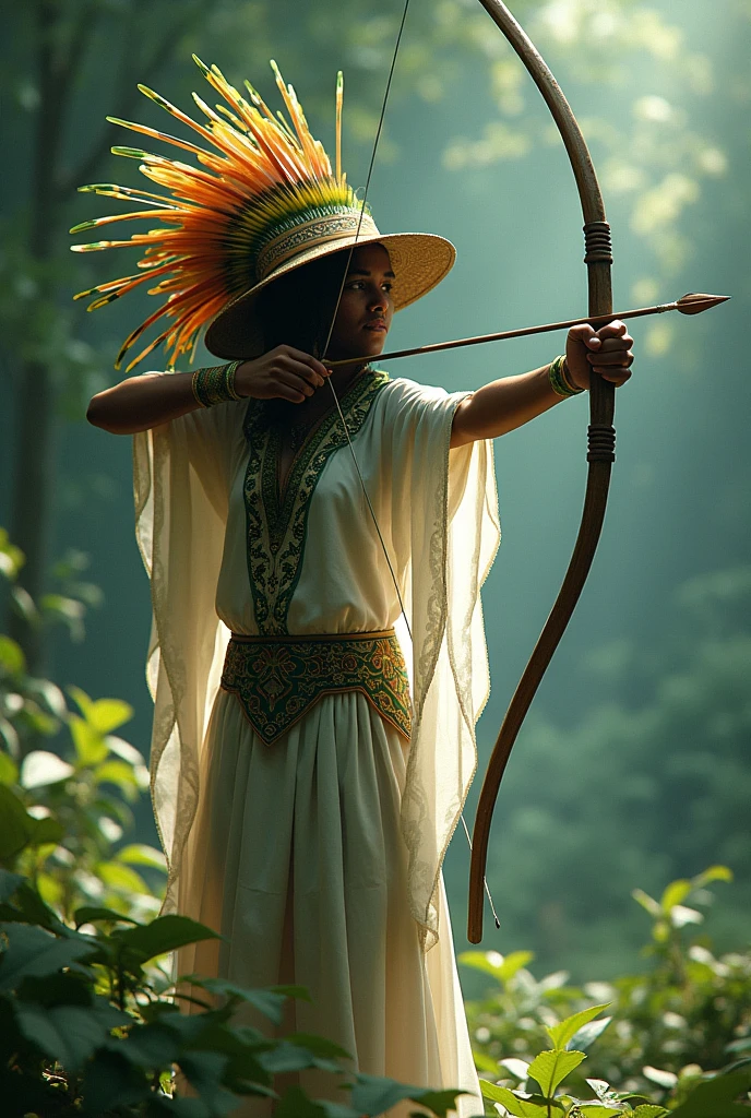 Orisha Oxossi shooting arrow in white and green tunic,Hat with feathered fringe covering your face 