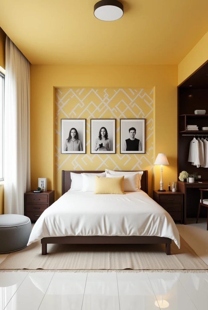 Generate a image of a room with a double bed in centre on the left side a grey colour bean bag on the left side wall white coloured floor to ceiling curtains on the backwall of bed three large hanged portrait photo frame and on the right wall a attached study table with chair and attached wardrobe just above the study a table a long side to side book shelf study table with two chairs colour of bed table and wardrobe will be dark brown and colour of room pastel yellow and bed backwall has floor to ceiling symmetry wallpaper