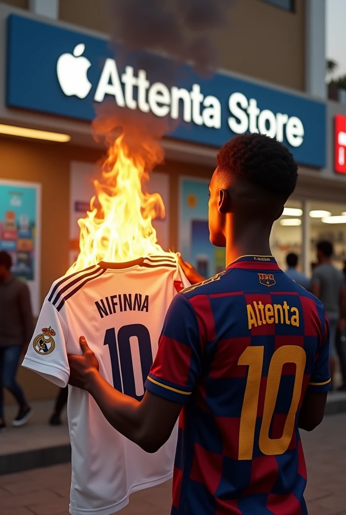 Create a hyperrealistic and ultra-detailed image of a young African man in his twenties with short hair, standing on a bustling street in Lomé, Togo, in front of a vibrant phone shop called 'ATTENTA STORE.' The store's sign features both the Apple logo and the Google Pixel logo, prominently displayed above the entrance. The young man is wearing an FC Barcelona jersey with the name 'ATTENTA' and the number '10' printed on the back. He is holding a Real Madrid jersey, which he is actively burning, with flames curling around the white fabric and smoke rising into the warm evening air. The scene is set in a lively street, with passersby glancing curiously at the event. The storefront is colorful, adorned with posters and advertisements for various mobile phones, capturing the authentic urban atmosphere of Lomé