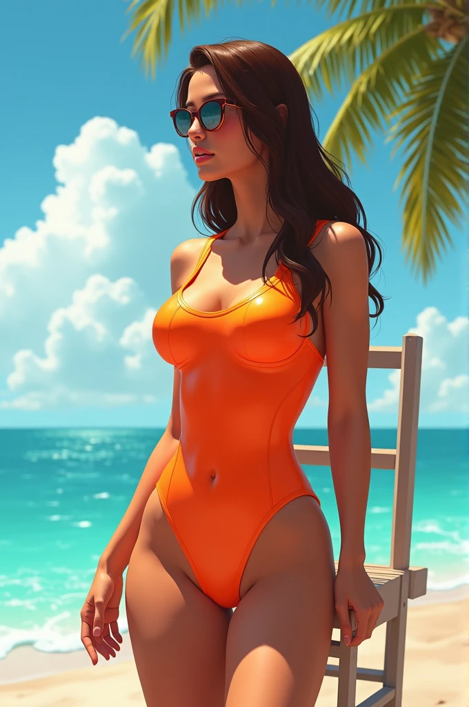 lifeguard in a one-piece latex swimsuit