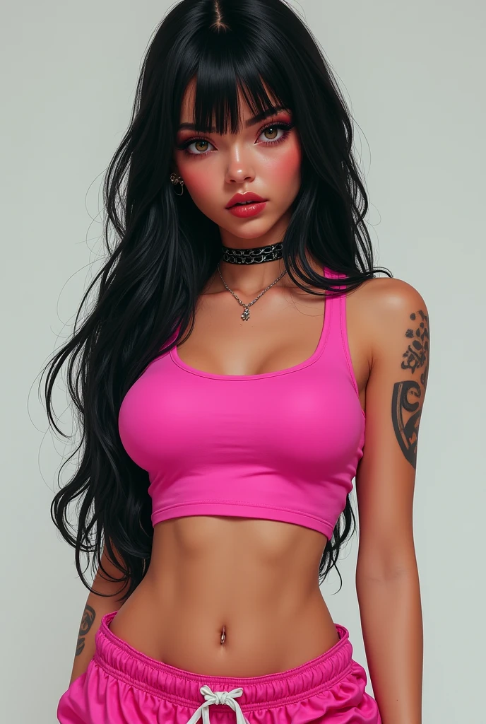 A black haired girl with a pink crop top and baggy pants who has a good body and has a badass look