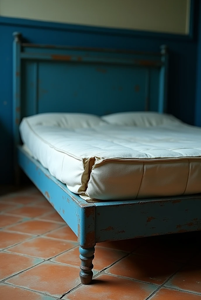 Create me a bed with a blue base and a white mattress and with dull colors because it is so old., that is broken from the corners in a subtle way, that the floor is made of tiles with geometric shapes in warm colors and the wall is dark blue, Take the photo 3 centimeters from the mattress that is broken