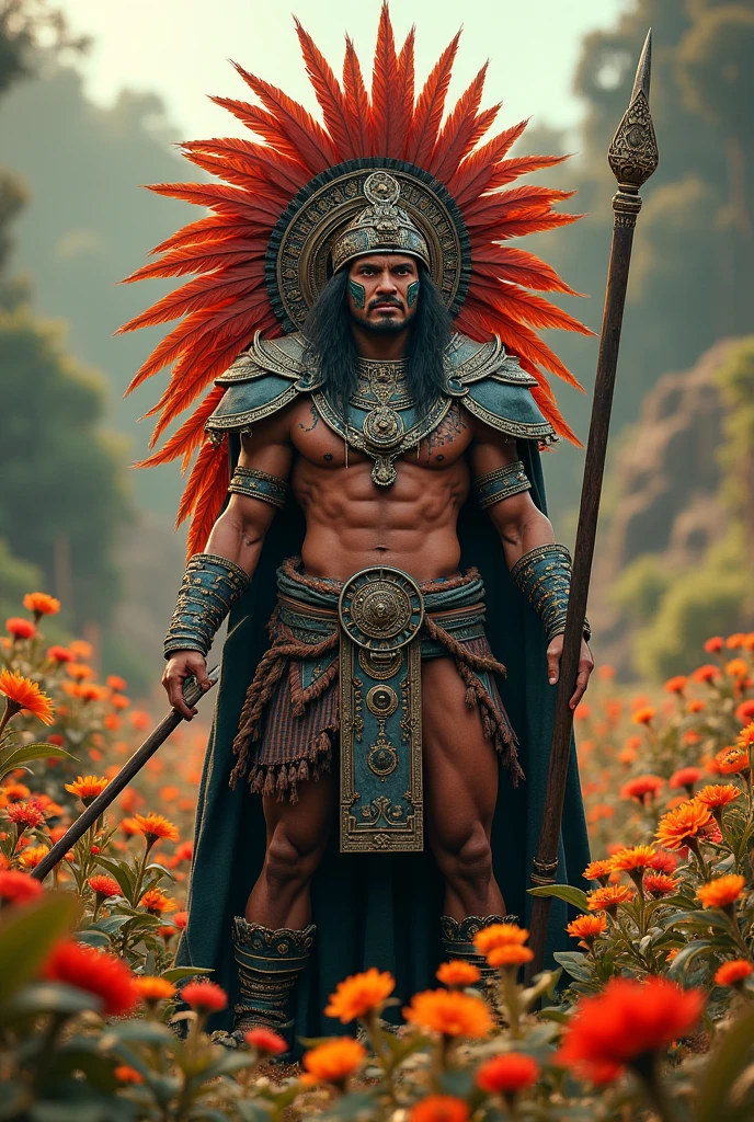 (photorealism:1.2), aztec Warrior un a field of plants and flowers in background, realistic, intricate details, warm colors.