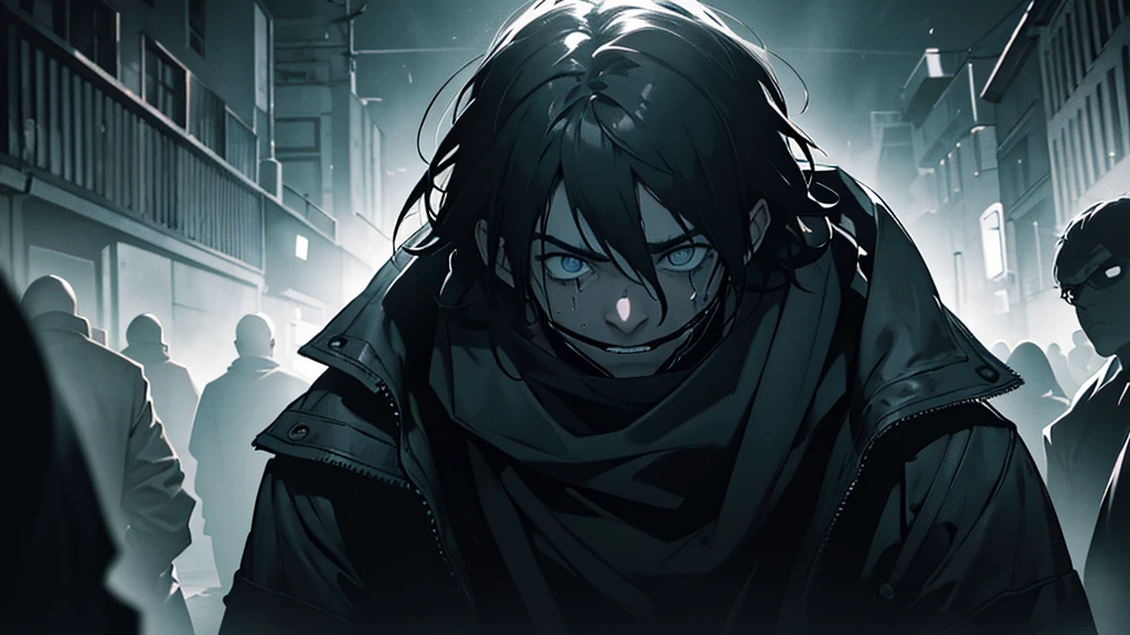 a man with highlighted fear, expression of despair, eyes wide, mouth taped shut, feeling of panic and suffocation, holding the head, crowd around without their mouths covered, (best quality,4k,8k,highres,masterpiece:1.2),ultra-detailed,(,, dramatic lighting, chiaroscuro, cinematic, dark moody atmosphere, high contrast, gritty, intense emotion, psychological horror