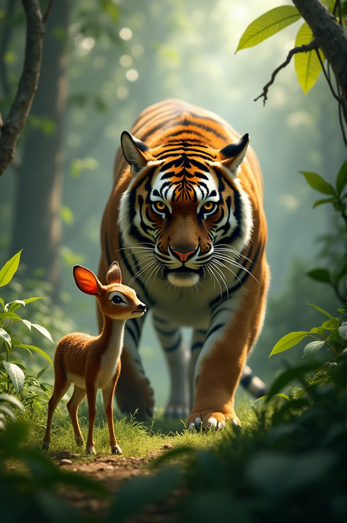 Describe the encounter between the little deer and the tiger in the jungle.