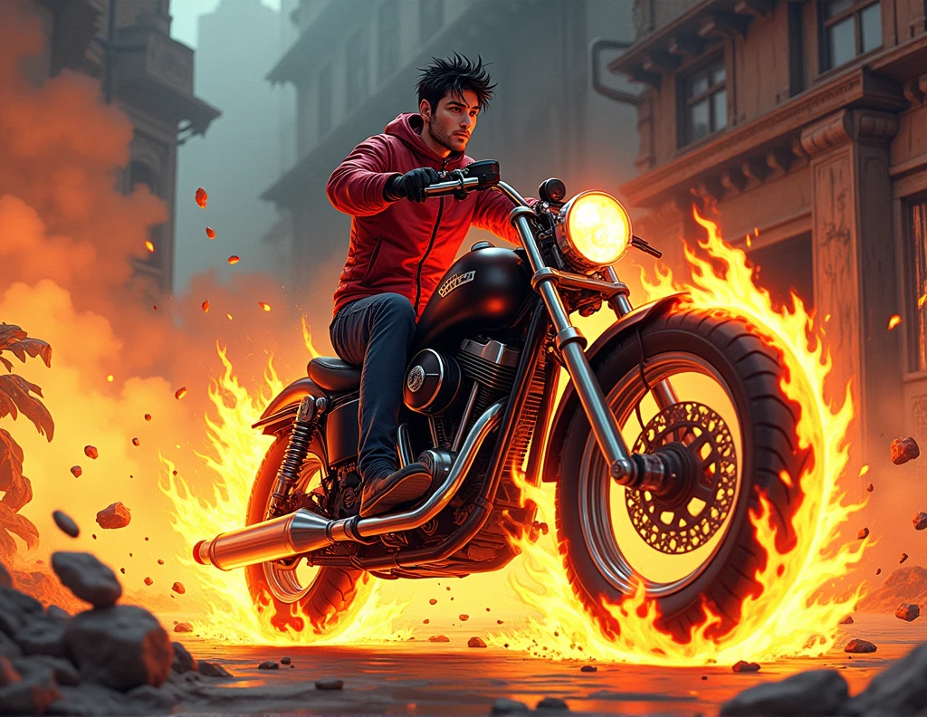 make a person with a motorcycle on fire anime style