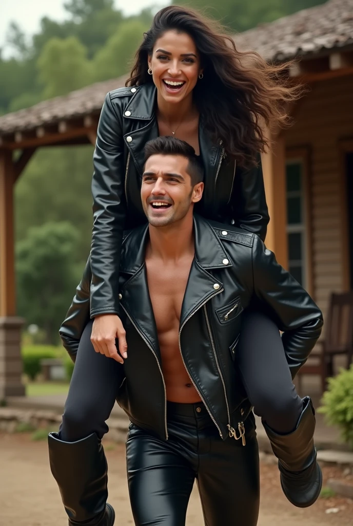 Smiling Nora fatehi in black leather jacket lifting and picking up a chubby man on her head , full view
