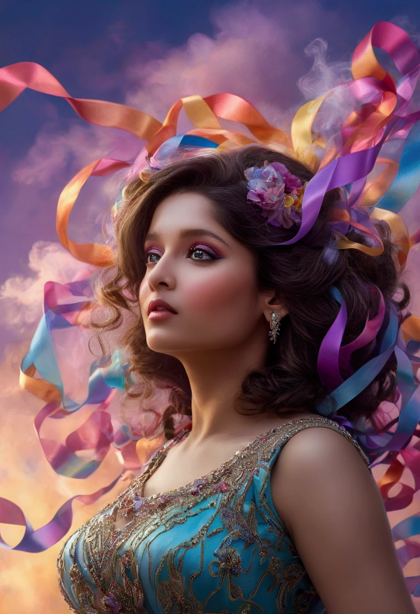 {{cute women}}, floating female figure made of ribbons, smoke, in the sky, colorful and vibrant, mystical colors, contemporary impressionism, women portrait painting, iridescent painting, 3/4 perspective view, cute face, low angle, sweeping circling composition, large beautiful crystal eyes, big irises, UHD, HDR, 8K, (Masterpiece:1. 5), (the most beautiful portrait in the world:1.5) ritika 
