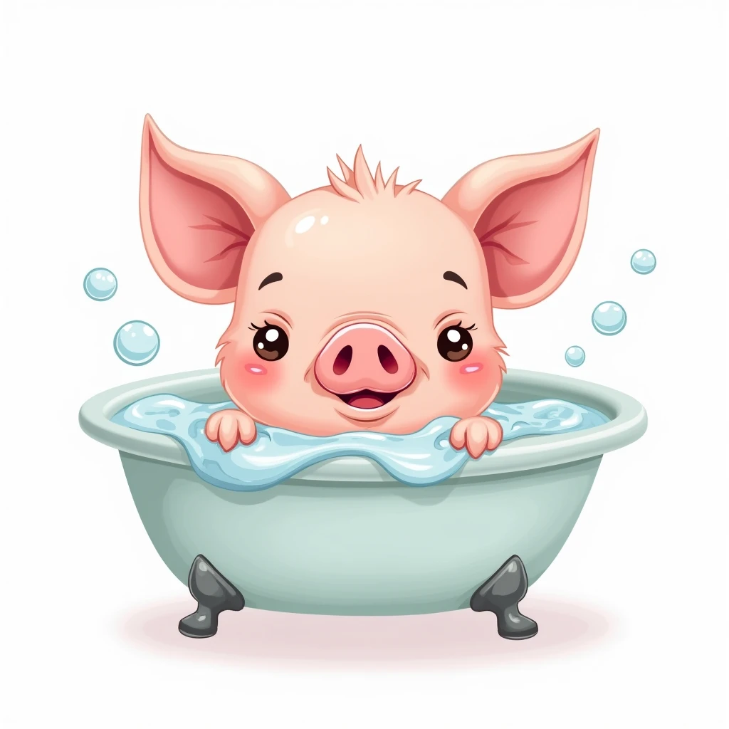 Isolated vector digital illustration cartoon cute pig taking a bath, white background, full size, high detail on white background. vector lcon Illustration isolated. Flat vector cartoon drawing. Illustration in flat cartoon style. engraving ornament t-shirt design engraved tattoo design. white background (use mesh and clipping mask), white background, mascot character, illustration.