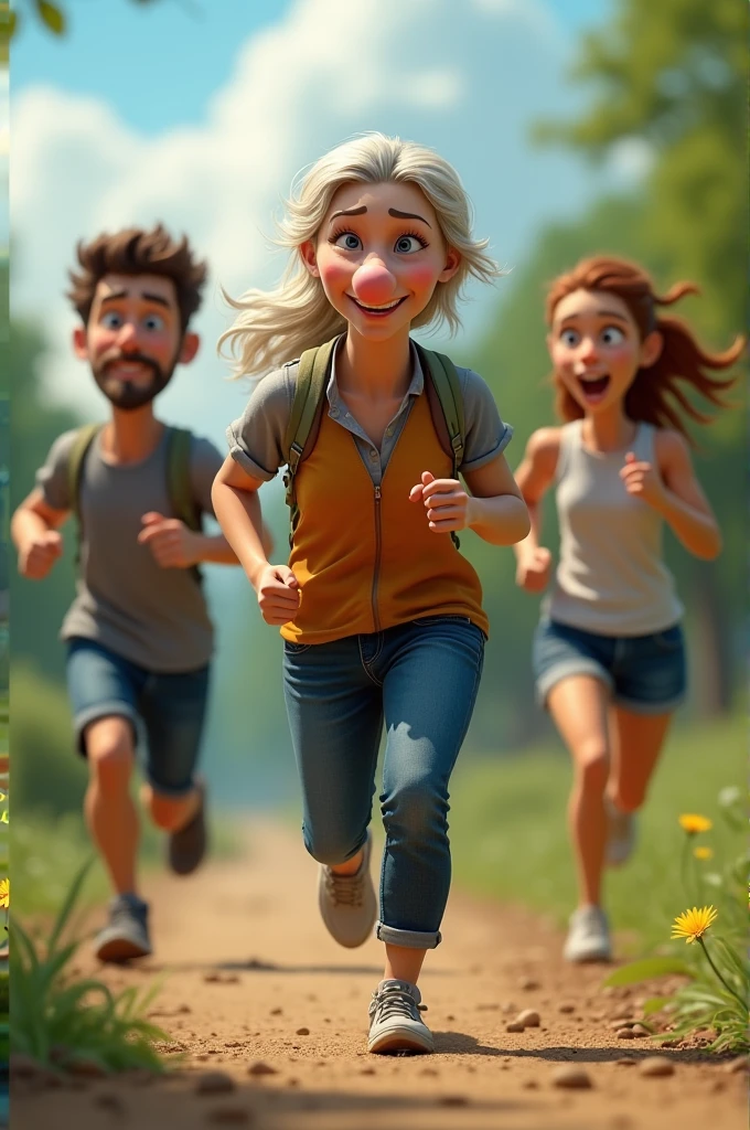 2 people running a white woman with a big nose
