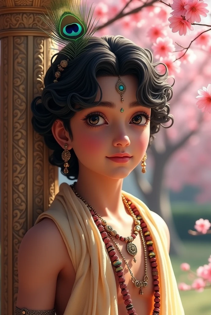 ??? Sri Krishna having peacock feather on head, palace background with cherry blossom, potrait