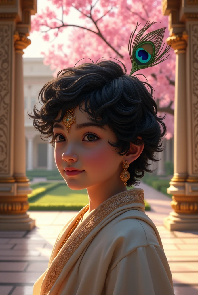??? Sri Krishna having peacock feather on head, palace background with cherry blossom, potrait