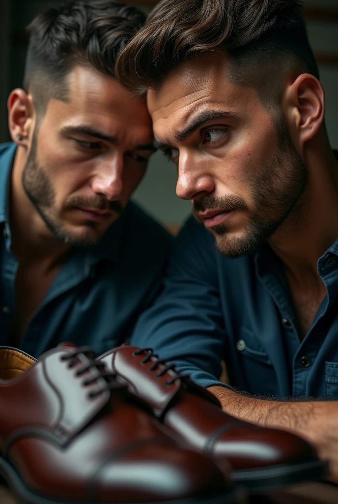 Beginning with the envy: A close-up shot of a man staring enviously at his friend’s shiny, new shoes. The friend is smiling and admiring the shoes on his feet. The envious man’s face shows a mix of jealousy and desire.