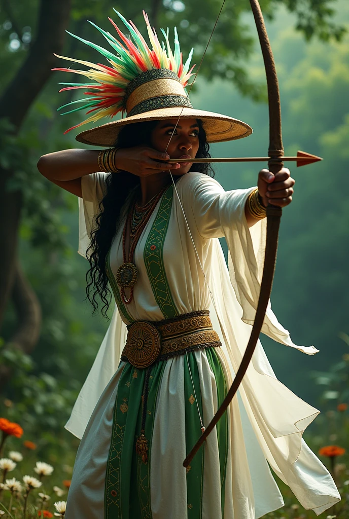 Orisha Oxossi shooting arrow in white and green tunic,Hat with feathered fringe covering your face