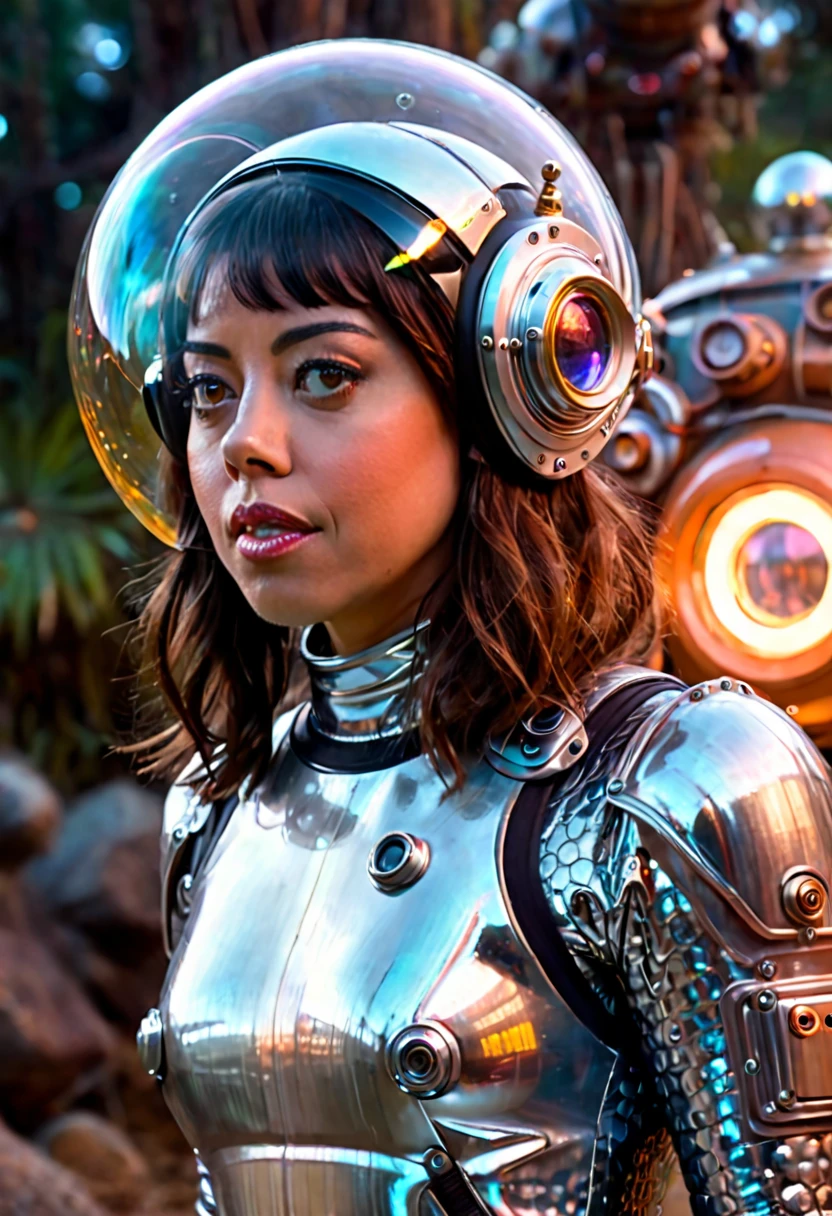 a beautiful girl (aubrey plaza) in a 60s sci-fi styled spacesuit, sexy silver space swimsuit, bubble helmet, fancy electronic tools, being guarded by her (brown bear cyborg companion, blinking lights, mechanical components) in a bubble helmet, on an alien world, 8k, extremely detailed, photorealistic, cinematic lighting, vibrant colors, concept art style

