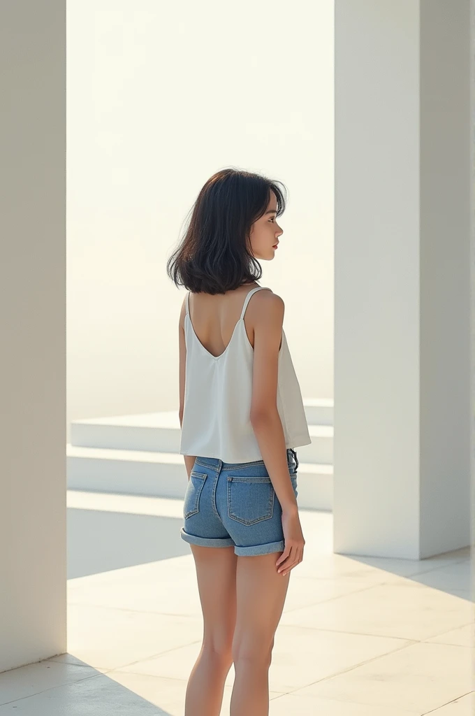 1 girl, Alone,standing_to divide, 
by the wide, White Sleeveless Tank Top，blue denim shorts