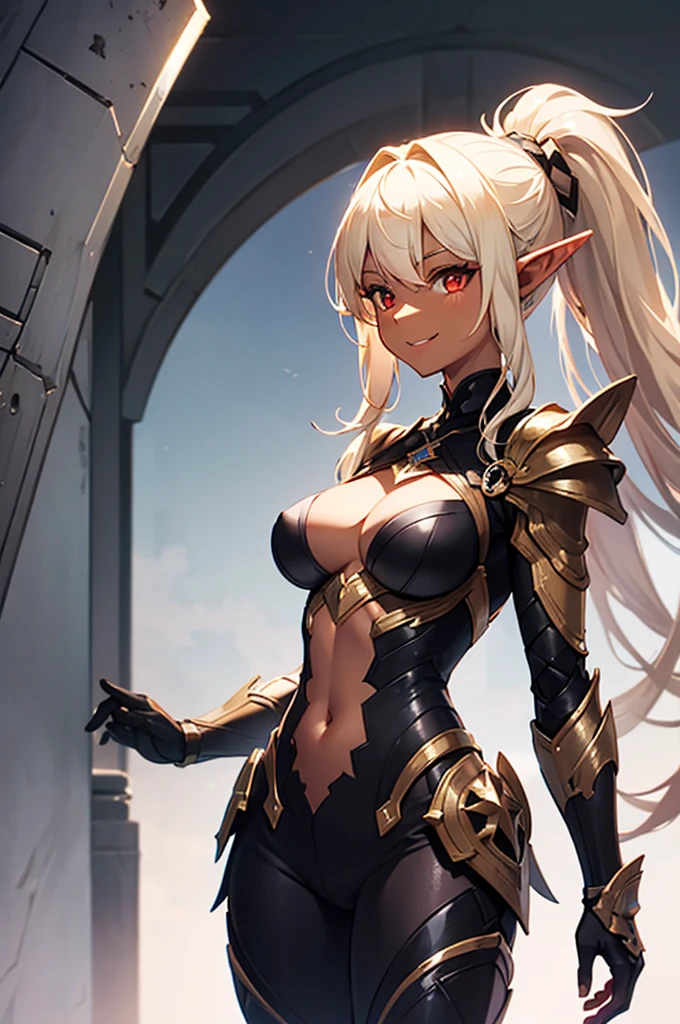 Beautiful images,Detailed Images,Official image,(Background of the base),One Woman,Blonde,Red Eyes,Ponytail Hair,Model body type,(Dark Skin:1.3),Elf Ears,Large Breasts,(Bioarmor:1.3),Smile small,