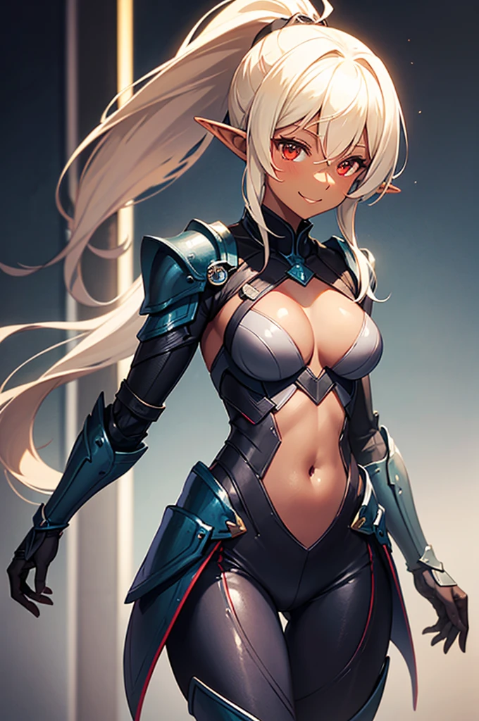 Beautiful images,Detailed Images,Official image,(Background of the base),One Woman,Blonde,Red Eyes,Ponytail Hair,Model body type,(Dark Skin:1.3),Elf Ears,Large Breasts,(Bioarmor:1.3),Smile small,