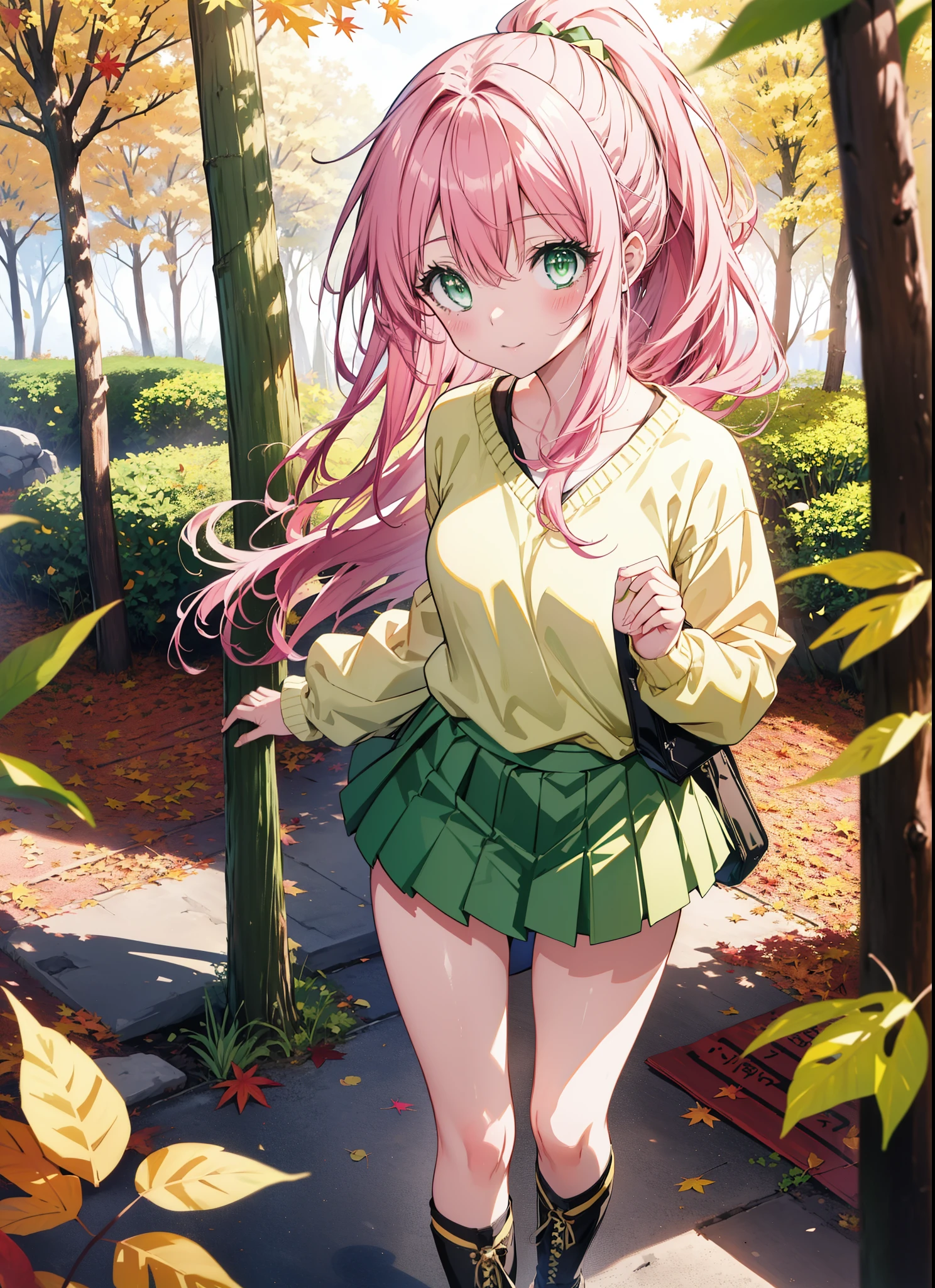 Laladevi Luke, Lara Deviluke, Long Hair, Pink Hair, tail, Ahoge, bangs, hair ornaments, (Green Eyes:1.5), smile,ponytail,Open your mouth,blush,
break demon tail, One-shoulder sweater,mini skirt,black tights, short boots,autumn leaves,autumn leavesが散っている,autumn leavesが積もっている,Daytime,Clear skies,whole bodyがイラストに入るように,
break outdoors, forest,
break looking at viewer, whole body,
break (masterpiece:1.2), Highest quality, High resolution, unity 8k wallpaper, (figure:0.8), (beautiful detailed eyes:1.6), extremely detailed face, Perfect lighting, extremely detailed CG, (Perfect hands, Perfect Anatomy),