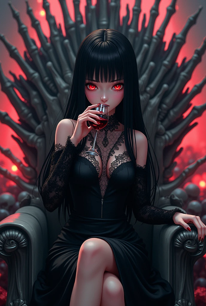 anime style image , 20 year old vampire woman, long straight black hair, red eyes, dressed in a dressed in a black dress with lace, sitting on a throne of skeletons drinking a glass of wine