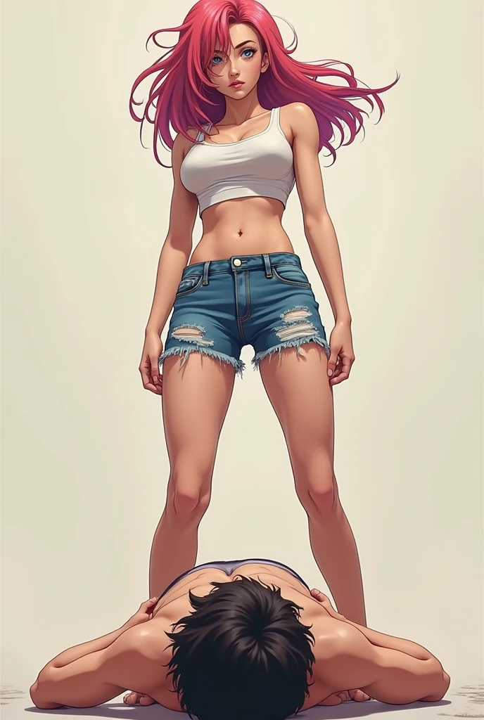 Anime girl in denim jean shorts dominating someone