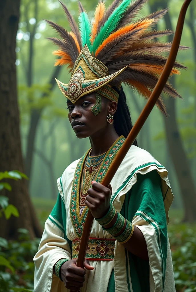 Orisha Oxossi shooting arrow in white and green tunic,Hat with feathers already covering the face 