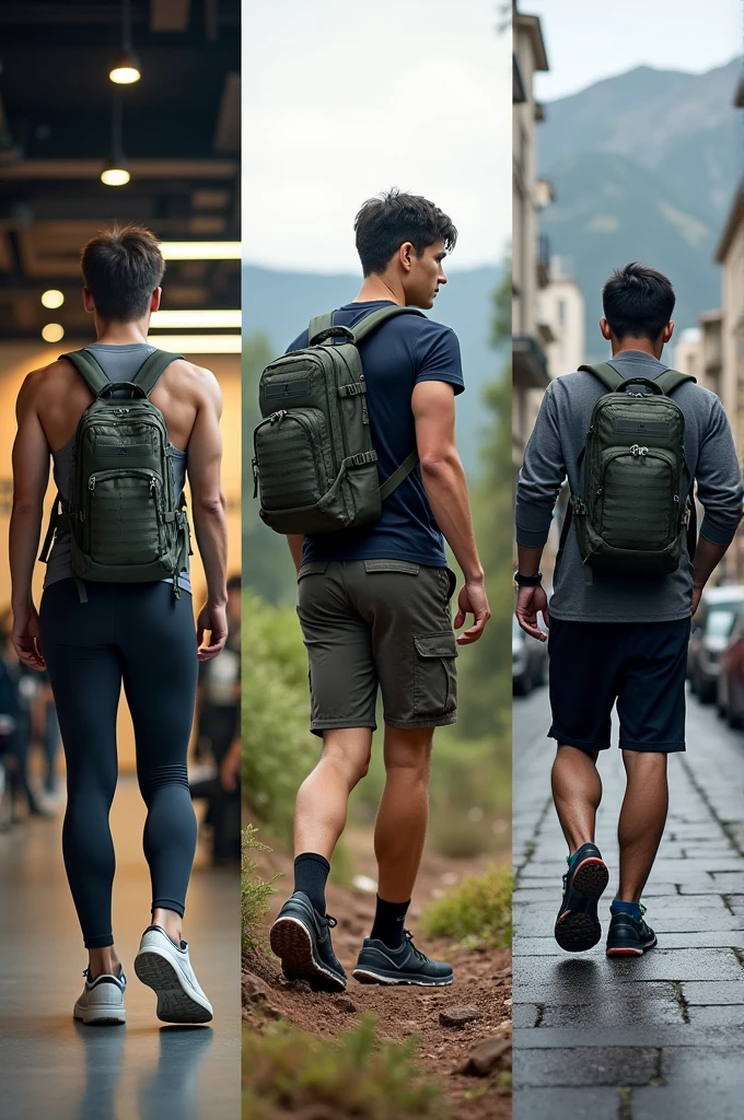 Create an image of diverse users, including an athlete, a hiker, and a commuter, all using the same tactical-style waterproof backpack in different settings (gym, hiking trail, and city street). The focus should be on the versatility and broad appeal of the backpack.”
