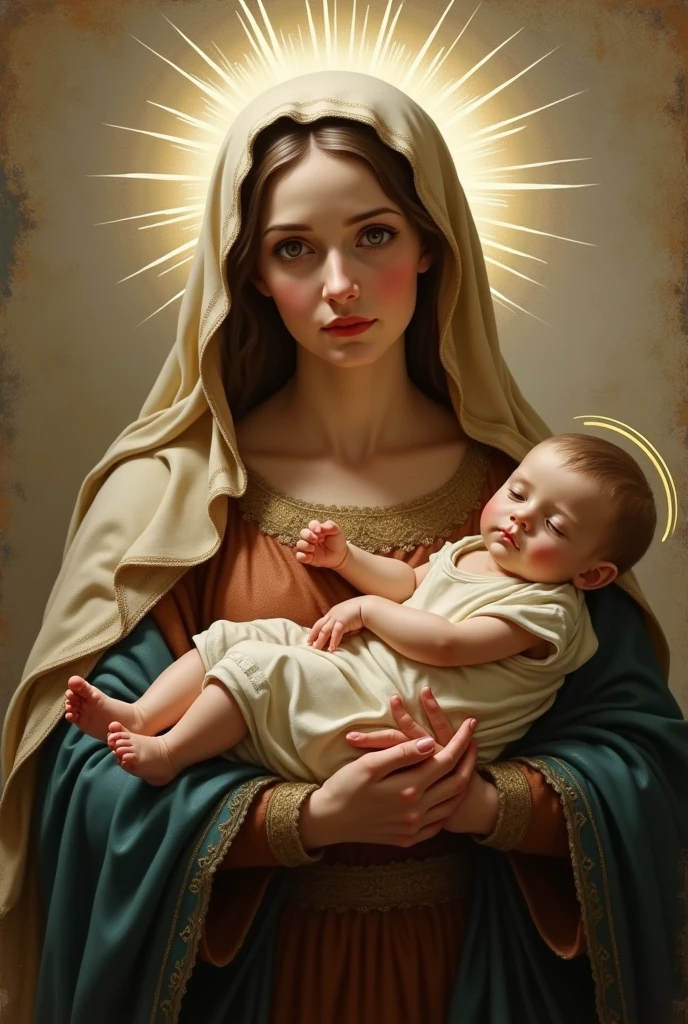 Virgin of the Rosary with the baby Jesus in her arms looking straight ahead  