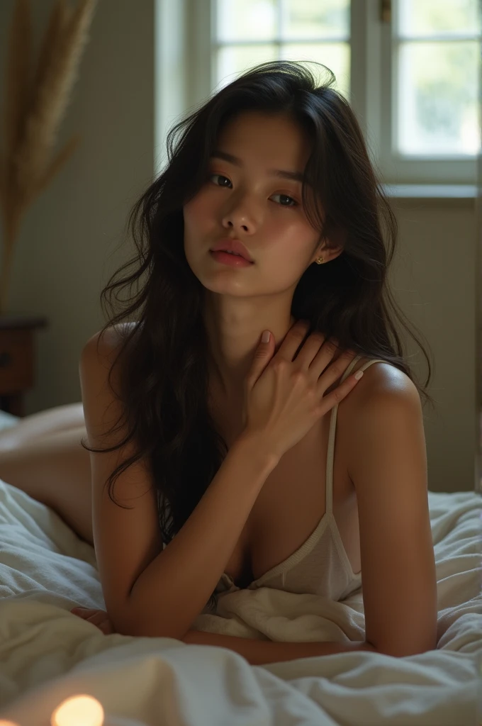 A women, 2, with a indonesian face, a very beautiful serious, she nude, and long hair, in a bedroom , full body pose, sleep, window, back pose